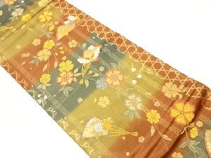 枝垂れ桜に扇・蝶模様織出し袋帯